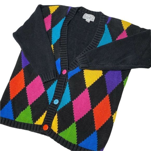 Rainbow Argyle Cardigan Sweater 90s Reference Point Knit Medium W23"xL26" Cotton - Picture 3 of 5